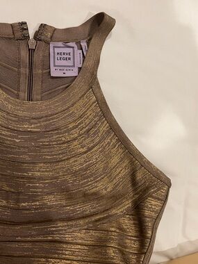 Herve Leger Gold-Accented Taupe Bandage Top